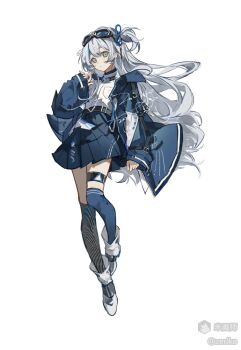 1girl blue_jacket blue_ribbon blue_skirt blue_thighhighs boots closed_mouth double-parted_bangs full_body goggles goggles_on_head green_eyes grey_hair hair_between_eyes hair_ribbon hand_up jacket long_hair long_sleeves looking_at_viewer mihuashi_username one_side_up open_clothes open_jacket original over-kneehighs pleated_skirt ribbon shirt simple_background skirt solo standing striped_clothes striped_thighhighs thighhighs white_background white_boots white_shirt zeriko