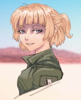 Rule 34 | 1girl, absurdres, blonde hair, blue eyes, blue sky, blurry, blurry background, commentary, day, desert, english commentary, freckles, from side, green jacket, high collar, highres, jacket, looking at viewer, looking to the side, military uniform, outdoors, parted lips, patch, ponytail, prez (project wingman), project wingman, radiarts, short hair, short ponytail, shoulder patch, sidelocks, sky, solo, teeth, turning head, upper body