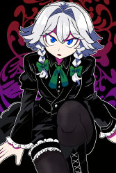 Rule 34 | 1girl, alternate costume, black footwear, black jacket, black pantyhose, black shirt, black skirt, blue eyes, bollzzalguy, boots, bow, braid, collared shirt, commentary request, cross-laced footwear, green bow, green ribbon, grey hair, hair bow, highres, izayoi sakuya, jacket, juliet sleeves, long sleeves, looking at viewer, neck ribbon, pantyhose, parted lips, puffy sleeves, ribbon, shirt, short hair, sitting, skirt, solo, suit jacket, thigh strap, touhou, twin braids, wide sleeves