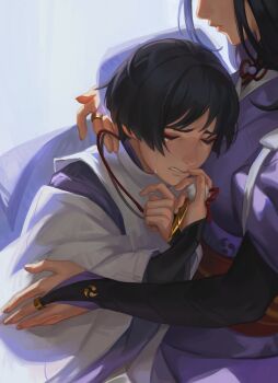 1boy 1girl absurdres aina_(mayexplode) blue_background blue_hair clenched_teeth closed_eyes closed_mouth crying faceless faceless_female from_side genshin_impact hair_between_eyes hands_up head_out_of_frame highres hug japanese_clothes jewelry leaning_forward leaning_on_person mother_and_son necklace own_hands_together pendant purple_hair purple_veil raiden_shogun scaramouche_(genshin_impact) scaramouche_(kabukimono)_(genshin_impact) short_hair simple_background streaming_tears tears teeth tomoe_(symbol) veil