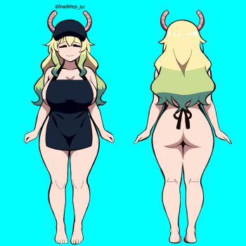 1girl absurdres apron ass bare_shoulders blonde_hair breasts closed_eyes dragon_girl dragon_horns full_body gradient_hair green_hair hat highres horns huge_breasts kobayashi-san_chi_no_maidragon large_breasts long_hair lucoa_(maidragon) multicolored_hair naked_apron nude reference_sheet sideboob smile snadwitch_art very_long_hair wavy_hair wide_hips
