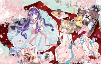 2girls :q absurdres antenna_hair artist_name blue_dress blue_ribbon blunt_bangs bow branch brown_hair cake cardcaptor_sakura cheryl_qaq circle_skirt closed_mouth criss-cross_back-straps cup daidouji_tomoyo dress falling_petals ferret finger_to_mouth flower flower_hairband food frilled_dress frills full_body grass green_eyes hair_between_eyes hair_intakes hair_ribbon hair_spread_out hand_on_own_cheek hand_on_own_face happy high_heels highres holding holding_cup honey kero_(cardcaptor_sakura) kinomoto_sakura leg_ribbon legs_up light_particles long_dress long_hair long_sidelocks lying mochi multiple_girls on_stomach petals picnic picnic_basket pink_bow pink_dress pink_flower pleated_dress pumps purple_eyes purple_hair red_shoes ribbon ringlets sailor_collar sakura_mochi sandwich shoes short_hair sidelocks sitting sleeveless sleeveless_dress smile spring_(season) teacup tongue tongue_out tray tress_ribbon two_side_up very_long_hair wagashi waist_bow watermark wavy_hair white_sailor_collar winged_animal