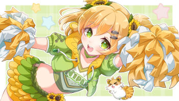 1girl belt blonde_hair cheerleader choker commentary crop_top cropped_jacket english_commentary flower green_belt green_choker green_eyes green_jacket hair_flower hair_ornament hamster hamuhima_(hani_hima) hani_hima_(v-dere) highres jacket layered_skirt open_mouth pom_pom_(cheerleading) seed seed_hair_ornament short_sleeves shorts skirt smile sunflower sunflower_hair_ornament sunflower_seed two_side_up v-dere virtual_youtuber yellow_shorts yui_mirano