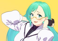 Rule 34 | .live, 1girl, asymmetrical bangs, black gloves, black shirt, blush, breasts, furrowed brow, glasses, gloves, green eyes, green hair, hands up, jacket, kagura suzu (.live), large breasts, long hair, long sleeves, looking at viewer, magari (c0rn3r), nervous smile, o-ring, open mouth, partially fingerless gloves, raised eyebrows, shirt, simple background, smile, solo, upper body, virtual youtuber, white jacket, yellow background, zipper