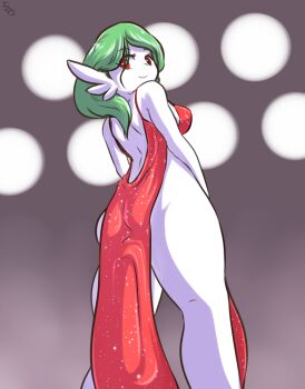 1girl absurdres ass backless_dress backless_outfit bare_shoulders breasts cocktail_dress diamond_(shape) dress eyes_visible_through_hair female_focus floodlights from_behind from_below gardevoir gen_3_pokemon green_hair grey_background highres immortalstar large_breasts legs_apart looking_back looking_to_the_side nintendo pokemon pokemon_(creature) pokemon_rse red_dress red_eyes signature simple_background sleeveless sleeveless_dress smile solo standing text_focus