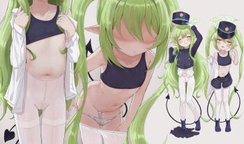 2girls bare_shoulders blue_archive blush bra collarbone esearu full_body green_hair half-closed_eyes halo hat highres hikari_(blue_archive) leaning_forward loli long_hair looking_at_viewer multiple_girls multiple_views navel nozomi_(blue_archive) one_eye_closed panties pantyhose pointy_ears shirt shorts siblings sisters standing training_bra twintails underwear undressing very_long_hair white_panties white_pantyhose white_shirt yellow_eyes