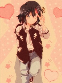 belt belt_buckle black_hair blue_eyes buckle colorful_background commentary_request converse denim film_grain flying foot_out_of_frame hand_in_pocket heart heart_background highres jacket jeans kill_la_kill light_blush light_smile looking_at_viewer matoi_ryuuko multicolored_hair pants polka_dot polka_dot_background raised_eyebrows red_hair red_streaks shirt shoes short_hair sneakers star_(symbol) star_symbol_background streaked_hair sukajan t-shirt v white_shirt yokoshima696969