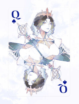 Rule 34 | 1girl, absurdres, android, brown hair, card, highres, holding, holding scepter, joints, lucy (reverse:1999), lucy (the queen's game) (reverse:1999), mole, mole under eye, multiple views, nan (mentegamadu), official alternate costume, playing card, queen (playing card), queen of spades (playing card), reverse:1999, robot girl, robot joints, rotational symmetry, scepter, see-through clothes, see-through veil, short hair, tiara, veil, white background, yellow eyes