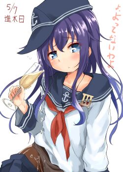 1girl absurdres akatsuki_(kancolle) anchor_symbol black_hat blue_eyes blue_sailor_collar champagne_flute clothes_pull commentary_request cup dated drinking_glass hat highres kantai_collection long_hair neckerchief ohiensis panties panties_under_pantyhose pantyhose peaked_cap puckered_lips purple_hair red_neckerchief sailor_collar school_uniform serafuku sideways_hat skirt skirt_pull solo spilling translation_request underwear white_panties
