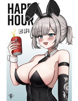 1girl absurdres animal_ear_hairband animal_ears between_breasts black_hairband black_leotard black_necktie blue_eyes breasts can commentary detached_collar drink_can english_commentary fake_animal_ears grey_hair hairband highres holding holding_can large_breasts leotard looking_ahead necktie necktie_between_breasts open_mouth original parted_bangs playboy_bunny ponytail rabbit_ear_hairband rabbit_ears short_hair short_ponytail sidelocks smile solo strapless strapless_leotard translation_request upper_body white_background white_wrist_cuffs wrist_cuffs yukaraishin