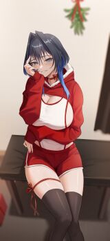 1girl absurdres arm_under_breasts black_hair black_thighhighs blue_eyes breasts choker cleavage grin hair_intakes highres hololive hololive_english large_breasts leotard leotard_under_clothes looking_at_viewer ouro_kronii red_choker red_ribbon red_shorts ribbon ribbon_choker short_hair short_shorts shorts sitting smile solo thighhighs thighs virtual_youtuber white_leotard zenya