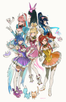 6+girls akihare black_hair blonde_hair blue_dress blue_eyes blue_hair brigitte_(overwatch) bug cat commentary d.va_(overwatch) detached_sleeves dress drill_hair fox gloves highres juno_(overwatch) kiriko_(overwatch) long_hair multiple_girls orange_dress orange_eyes overwatch pink_dress pink_hair ponytail purple_dress purple_shoes red_hair shark shoes short_hair spider thighhighs untranslatable_commentary white_background white_gloves white_shoes white_thighhighs widowmaker_(overwatch) yellow_eyes
