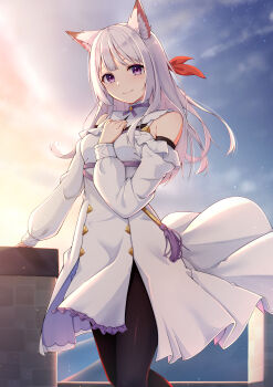 1girl absurdres animal_ear_fluff animal_ears armpit_crease black_pantyhose breasts closed_mouth commentary_request detached_sleeves dress fox_ears fox_girl highres indie_virtual_youtuber konosaki_siori long_hair long_sleeves looking_at_viewer medium_breasts mira_bluesky3 pantyhose purple_eyes sky smile solo virtual_youtuber white_dress white_hair white_sleeves