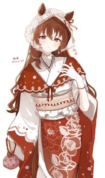 1girl animal_ears blush bow breasts brown_hair closed_mouth ear_ribbon ears_through_headwear hair_between_eyes highres horse_ears horse_girl japanese_clothes kimono long_sleeves looking_at_viewer obi pof_(peuplierpof) red_eyes red_kimono ribbon sash simple_background smile solo still_in_love_(umamusume) umamusume veil white_background white_kimono white_streaks white_veil