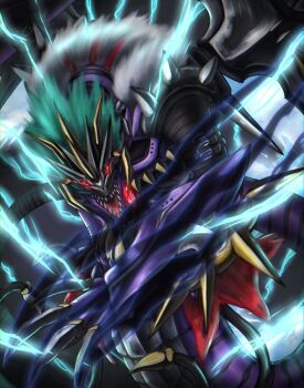 belt claw_swipe claws digimon digimon_(creature) digimon_liberator dragon electricity fangs fangs_out fur_collar heavymetaldramon horns leather_belt looking_at_viewer open_mouth red_eyes serpentine snarl spiked_shoulder_pads wings