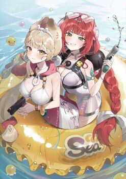 2girls absurdres afloat alice_thymefield alice_thymefield_(sea_of_thyme) animal_ear_fluff animal_ears arched_back ball bare_shoulders behind_another blonde_hair bracelet braid braided_twintails breasts camera camera_around_neck chama_(chacoc0) cleavage closed_mouth collarbone commentary dress_swimsuit eyewear_on_head facial_mark gradient-tinted_eyewear green_eyes grin hair_ornament half-closed_eyes hearing_aid heart heart-shaped_eyewear heart_facial_mark heterochromia highres holding holding_water_gun jewelry large_breasts leaning_forward long_hair looking_at_viewer low_twintails multiple_girls official_alternate_costume one-piece_swimsuit pink_one-piece_swimsuit rabbit_ears rabbit_girl red_eyes red_hair rubber_duck smile sphere_hair_ornament swim_ring swimsuit symbol-only_commentary tinted_eyewear twintails two-tone_one-piece_swimsuit ukinami_yuzuha ukinami_yuzuha_(tanuki_in_broad_daylight) watch water water_gun wet wet_hair white_one-piece_swimsuit wristwatch yellow_eyes zenless_zone_zero