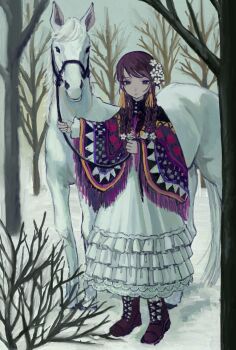 1girl black_eyes boots brown_hair commentary dress expressionless flower forest frilled_dress frills fuyuki_meme hair_flower hair_ornament highres horse long_hair looking_at_viewer nature original outdoors shawl snow solo white_dress winter