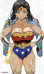 1girl absurdres aquaman_(dc) bare_shoulders batman batman_symbol black_hair blue_eyes blue_jacket boots breasts commentary dc_comics denim denim_jacket earrings english_commentary food green_arrow green_lantern hands_on_own_hips hawkman highres ice_cream jacket jacket_on_shoulders jewelry large_breasts lasso lasso_of_truth leotard long_hair martian_manhunter park_ongjol solo star_(symbol) star_print superhero_costume superman superman_logo the_flash tiara white_background wonder_woman wonder_woman_(series)