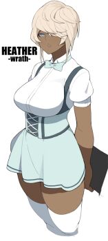 1girl accio bad_id bad_tumblr_id blonde_hair blue_eyes bow bowtie breasts brown_hair character_name corset cropped_legs dark-skinned_female dark_skin dress english_text female_focus hair_over_one_eye heather_(accho) large_breasts lips long_legs looking_at_viewer necktie parted_lips seven_deadly_sins short_hair simple_background skirt skirt_set solo standing thighhighs waitress white_background white_thighhighs wrath_(deadly_sins) zettai_ryouiki