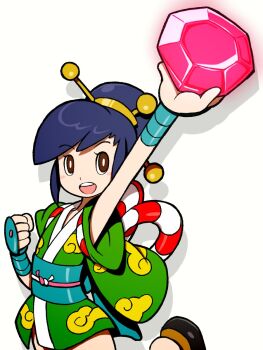 Rule 34 | 1girl, :d, arm up, ayame (power stone), beeru (veil8801), blue hair, blush stickers, brown eyes, gem, hair bun, hair ornament, hair stick, highres, holding, japanese clothes, kimono, looking up, obi, open mouth, ponytail, power stone, red gemstone, robe, rope, sash, short hair, short kimono, single hair bun, smile, solo, teeth, upper teeth only