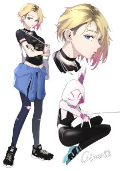 absurdres aqua_shoes asymmetrical_hair bag black_choker black_nails black_shirt black_shoes blonde_hair blue_eyes blue_pantyhose breasts character_name choker closed_mouth clothes_around_waist colored_tips commentary crossed_arms eyebrow_piercing eyelashes face_piercing fingernails freckles grey_bag gwen_stacy handbag highres hood hood_up khrnnfz marvel multicolored_hair multiple_views nail_polish pantyhose piercing pink_hair shirt shoes short_sleeves simple_background spider-gwen spider-man:_into_the_spider-verse spider-man_(series) spider-verse superhero_costume t-shirt torn_clothes torn_pantyhose undercut white_background