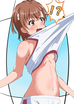 !? 1girl blush breasts brown_eyes brown_hair clothes_pull commentary_request crossed_bangs gym_shirt gym_shorts gym_uniform hair_ornament hairpin highres misaka_mikoto navel open_mouth scene_reference shirt shirt_pull short_hair shorts simple_background sleeveless sleeveless_shirt small_breasts solo surprised tabu_(tabu_01) toaru_kagaku_no_railgun toaru_kagaku_no_railgun_t toaru_majutsu_no_index tokiwadai_school_gym_uniform underboob white_shirt