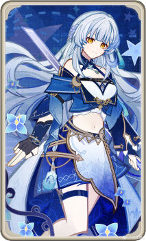 1girl aastraa absurdres black_gloves blue_hair breasts chinese_commentary closed_mouth commentary_request crop_top fingerless_gloves flower genius_invokation_tcg_(style) gloves gradient_hair grey_hair highres jewelry long_hair looking_at_viewer midriff mole mole_under_mouth multicolored_hair navel orange_eyes original skirt smile solo sword thigh_strap very_long_hair watermark weapon white_hair yellow_eyes