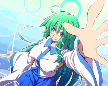 1girl ahoge blue_eyes breasts detached_sleeves female_focus fuyuwa_kotatsu gohei green_hair hair_ornament kochiya_sanae large_breasts long_hair oonusa sideboob skirt smile snake_hair_ornament solo touhou