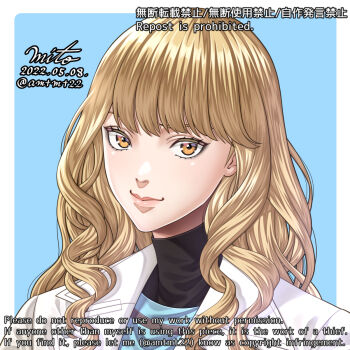 1girl amatsu_mito aqua_background border brown_eyes brown_hair closed_mouth commentary_request dated eyelashes highres jacket karina_lyle lips mixed-language_text open_clothes open_jacket portrait signature simple_background smile solo tiger_&amp;_bunny turtleneck white_background white_border