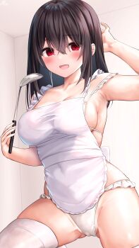 1girl absurdres apron arm_behind_head arm_up armpits black_hair blush breasts collarbone covered_navel food groin_tendon hair_between_eyes heart highres holding large_breasts long_hair looking_at_viewer omelet omurice open_mouth original panties plate ramchi red_eyes sideboob smile thighhighs thighs underwear white_apron white_panties yandere-chan_(ramchi)