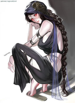 absurdres armlet barefoot black_hair braid breasts clothing_cutout commentary elden_ring elden_ring_nightreign english_commentary feet from_behind full_body headdress highres jewelry large_breasts looking_back official_alternate_costume parted_lips patreon patreon_username ragecndy red_eyes sandals signature solo squatting undertaker_(elden_ring)