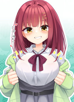 1girl :d aqua_background belt black_belt blush bow bowtie breasts collared_shirt commentary futamihara_ririko gradient_background green_jacket grin hair_intakes heart highres jacket large_breasts limelight_lemonade_jam looking_at_viewer medium_hair notice_lines open_clothes open_jacket open_mouth outline presenting_breasts red_bow red_bowtie red_hair shirt silver116 simple_background smile solo straight-on straight_hair track_jacket translated upper_body white_outline white_shirt yellow_eyes