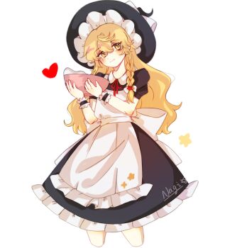 1girl apron back_bow black_hat black_skirt black_vest blonde_hair bow bowl braid chinese_commentary commentary_request frilled_skirt frills hair_bow hat hat_bow heart highres holding holding_bowl kirisame_marisa long_hair nagi_(pixiv_108409221) neck_ribbon puffy_short_sleeves puffy_sleeves red_ribbon ribbon short_sleeves side_braid signature single_braid skirt smile solo touhou vest white_apron white_bow witch_hat wrist_cuffs yellow_eyes