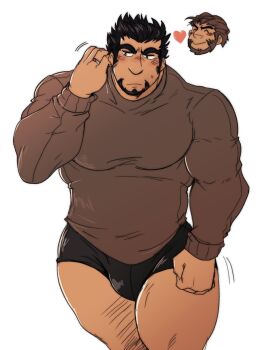 Rule 34 | 1boy, bara, black hair, closed mouth, commentary, covered pectorals, english commentary, facial hair, fire emblem, fire emblem: the sacred stones, garcia (fire emblem), gilliam (fire emblem), heart, highres, jewelry, juggermelon, male focus, muscular, muscular male, nintendo, pectorals, ring, short hair, simple background, thick thighs, thighs, white background