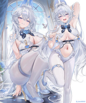 Rule 34 | 1girl, :q, animal ear fluff, animal ears, arm behind head, arm up, bare shoulders, black bow, black bowtie, blue eyes, blue flower, blue nails, blue petals, blue rose, blue shoes, bow, bowtie, breast curtains, breasts, breasts apart, bug, butterfly, center opening, checkered floor, cleavage, collar, commentary request, cowboy shot, fingernails, flower, frilled wrist cuffs, frills, hair between eyes, hair intakes, hair ornament, half-closed eyes, high heels, highres, indoors, insect, kemonomimi mode, large breasts, light blush, long fingernails, long hair, looking at viewer, machi (machi0910), machi (machi0910) (person), mole, mole on breast, multiple views, nail polish, navel, open mouth, original, paid reward available, pantyhose, parted lips, rabbit ears, rabbit girl, rose, shoes, simple background, smile, squatting, stomach, thigh strap, tongue, tongue out, twitter username, very long hair, white background, white butterfly, white collar, white hair, white pantyhose, white wrist cuffs, wrist cuffs