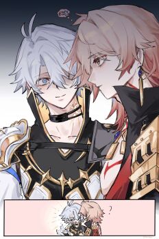 2boys ? absurdres antenna_hair arm_tattoo armlet armor black_choker black_coat black_shirt blonde_hair blue_eyes braid chest_tattoo choker clawed_gauntlets coat earrings facial_tattoo gold_earrings gold_necklace gradient_hair highres honkai:_star_rail honkai_(series) jewelry male_focus medium_hair multicolored_hair multiple_boys mydei_(honkai:_star_rail) neck_tattoo necklace open_clothes open_coat parted_bangs pauldrons phainon_(honkai:_star_rail) red_hair red_tattoo shirt short_hair shoulder_armor side_braid single_pauldron sun_symbol sun_tattoo tail tail_wagging tan tattoo thearchym white_coat white_hair yaoi yellow_eyes