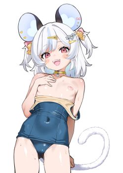 1girl absurdres animal_ear_piercing animal_ears arm_behind_back blue_hair blue_one-piece_swimsuit cheese_hair_ornament choker clothes_pull collarbone commission covered_navel cowboy_shot flat_chest food-themed_hair_ornament hair_ornament hairclip heart heart_hair_ornament highres indie_virtual_youtuber itinana loli looking_at_viewer medium_hair mouse_ears mouse_girl mouse_tail multicolored_hair nemimi_yane nipples one-piece_swimsuit one-piece_swimsuit_pull open_mouth pink_eyes school_swimsuit second-party_source skeb_commission smile solo streaked_hair sweat swimsuit tail two-tone_hair two_side_up v-shaped_eyebrows variant_set virtual_youtuber white_background white_hair yellow_choker