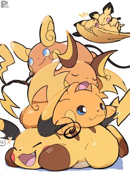 Rule 34 | > <, absurdres, alolan form, alolan raichu, blue eyes, closed eyes, closed mouth, evolutionary line, fang, gen 1 pokemon, gen 2 pokemon, gen 7 pokemon, highres, mega pokemon, mega raichu x, mega raichu y, multiple tails, nintendo, no humans, open mouth, orange bag, orange fur, pichu, pikachu, pokemon, pokemon (creature), pokemon focus, polynimuri, raichu, regional and normal, smile, tail, very long ears, very long tail, yellow fur