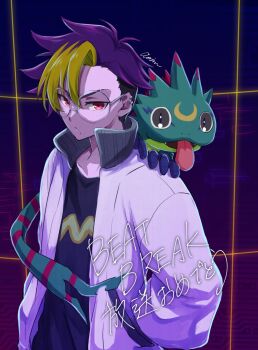 Rule 34 | 1boy, animal, animal on shoulder, aoinu (shuumatsugeki), black shirt, blonde hair, blue hair, copyright name, crescent, digimon, digimon (creature), digimon beatbreak, gecko, gekkomon, glasses, hand in pocket, highres, jacket, long hair, male focus, multicolored hair, purple background, red eyes, release celebration, round eyewear, shirt, short hair, tenma tomoro, tongue, tongue out, two-tone hair, white jacket