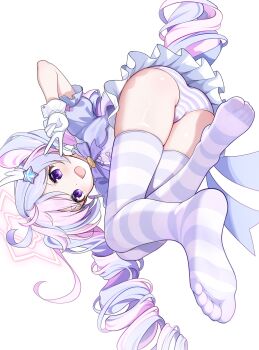 1girl :d absurdres ahoge aviary blue_archive bow bowtie cameltoe dot_nose facing_away feet frilled_skirt frills gloves hair_ornament halo highres looking_at_viewer open_mouth panties pantyshot purple_bow purple_bowtie reisa_(blue_archive) reisa_(magical)_(blue_archive) simple_background skirt smile solo star_(symbol) star_hair_ornament star_halo thighhighs thighs twintails two-tone_thighhighs underwear v white_background wing_hair_ornament