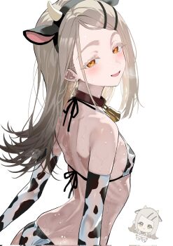 1girl animal_ear_hairband animal_ears animal_print bell bikini colored_eyelashes cow_ear_hairband cow_ears cow_horns cow_print cow_print_bikini cow_print_gloves cowbell fake_animal_ears gakuen_idolmaster gloves grey_hair hairband highres horns idolmaster light_blush long_hair looking_at_viewer orange_eyes print_bikini print_gloves shinosawa_hiro steam sweat sweatdrop swimsuit tenko_(dos_704277)