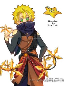 Rule 34 | 1boy, arm up, bare shoulders, belt, belt buckle, black belt, black coat, black shirt, blonde hair, blue pants, blue scarf, blush, bright pupils, brown coat, buckle, buttons, chain, character name, clothing cutout, coat, commentary request, covered mouth, cowboy shot, eyelashes, fanny pack, food, fruit, green eyes, hand on own hip, hand up, highres, holding, holding shuriken, holding weapon, long sleeves, long sleeves under sleeveless, male focus, multicolored coat, ninja, pants, parted bangs, personification, plants vs. zombies, pouch, red sash, reka-san, sash, scarf, shirt, short hair, shoulder cutout, shuriken, simple background, sleeveless, sleeveless coat, spiked hair, spinning, star (symbol), starfruit, starfruit (plants vs zombies), tagme, undershirt, weapon, white background