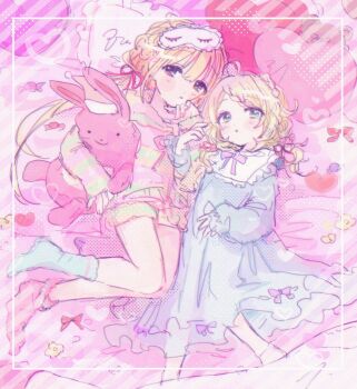 2girls ankz_chang asymmetrical_legwear bed_sheet blonde_hair blue_eyes blue_nightgown braid braided_bangs brown_eyes full_body futaba_anzu hair_ribbon heart heart-shaped_pillow highres holding holding_stuffed_toy hood hood_down idolmaster idolmaster_cinderella_girls long_hair long_sleeves looking_at_viewer low_twintails lying mismatched_legwear multiple_girls nightgown pajamas pillow ribbon short_hair short_shorts shorts sleep_mask socks stuffed_animal stuffed_rabbit stuffed_toy twintails yuri yusa_kozue