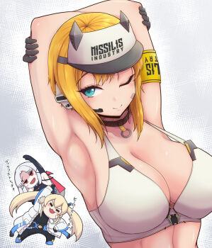 3girls :3 =_= aqua_eyes arm_up armband armpits arms_up bandaid bandaid_on_cheek bandaid_on_face bare_shoulders black_bodysuit black_choker black_gloves black_leotard blonde_hair blush_stickers bodysuit breasts cape chibi choker cleavage closed_eyes closed_mouth clothes_writing coat collarbone commentary_request drake_(nikke) earpiece elbow_gloves exercising full_body fur-trimmed_coat fur_trim gloves goddess_of_victory:_nikke hair_between_eyes hair_ornament hairclip headgear highres laplace_(nikke) large_breasts leotard long_hair looking_at_viewer matis_(nikke) maxwell_(nikke) midriff multiple_girls open_clothes open_coat open_mouth parted_bangs red_cape red_eyes shaded_face short_hair short_hair_with_long_locks sidelocks smile solo_focus sports_bra standing stretching tatehiza_makura translation_request twintails upper_body visor_cap white_background white_coat white_hair white_headwear white_sports_bra