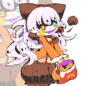 1girl bag colored_skin drooling emongo floating_head grey_hair heterochromia highres holding holding_bag looking_at_viewer mahou_shoujo_madoka_magica mahou_shoujo_madoka_magica:_hangyaku_no_monogatari midriff momoe_nagisa momoe_nagisa_(magical_girl) mouth_drool navel orange_shirt pumpkin-shaped_pants shirt solo white_skin zoom_layer