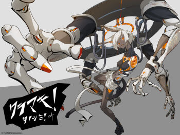 1girl android breasts commentary_request crymachina dark-skinned_female dark_skin extra_arms full_body guest_art highres light_smile looking_at_viewer mechabare navel noah_(crymachina) ntny orange_eyes pointy_ears short_hair small_breasts solo white_hair