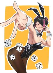 Rule 34 | 1girl, absurdres, animal ears, ap cammy, armpits, black hair, black leotard, black pantyhose, breasts, commentary, commentary request, cowboy shot, detached collar, dice, fake animal ears, fake tail, hair over one eye, han juri, highres, inset border, leotard, multicolored hair, open mouth, pantyhose, pink hair, playboy bunny, rabbit ears, rabbit tail, red eyes, smile, solo, streaked hair, street fighter, tail, two-tone background, upper body, white background, wrist cuffs, yellow background