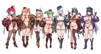 6+girls ahoge ankle_boots bare_shoulders bikini blush boots breasts cleavage everyone eyelashes full_body high_heel_boots high_heels highres jacket knee_boots large_breasts looking_at_viewer micro_bikini mole mole_under_eye multicolored_hair multiple_girls navel off_shoulder original revealing_clothes sidelocks starcat strap swimsuit thick_thighs thigh_boots thigh_strap thighs twintails two-tone_hair