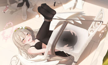 1girl absurdres ass bar_censor bdsm black_bra black_pantyhose blue_archive blush bondage bound bound_ankles bound_wrists bra breasts brown_hair censored chair double-parted_bangs dress eyelashes feet female_focus flower gun hair_between_eyes hair_flower hair_ornament halo han_(hehuihuihui) handgun hands_on_own_ass highres indoors lace_trim legs legs_up long_hair medium_breasts nagisa_(blue_archive) no_shoes open_mouth outdoors pantyhose pink_halo rope shadow shoes soles solo tile_floor tiles toes underwear underwear_only unworn_dress unworn_shoes variant_set very_long_hair weapon white_flower yellow_eyes