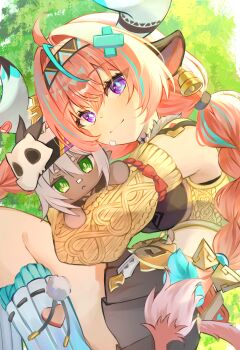 1girl absurdres ahoge animal_ears braid breasts character_doll cow_ears cow_horns cow_tail doll ear_bell genshin_impact hairband highres horns hugging_doll hugging_object iansan_(genshin_impact) large_breasts leg_warmers long_hair lying midriff miniskirt nanase_sato on_side pink_hair purple_eyes skirt smile tail twin_braids varesa_(genshin_impact) white_leg_warmers